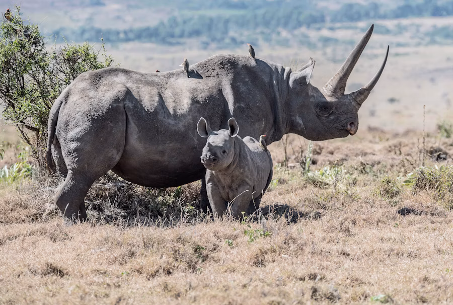 Two rhinos grazing together on open grassland