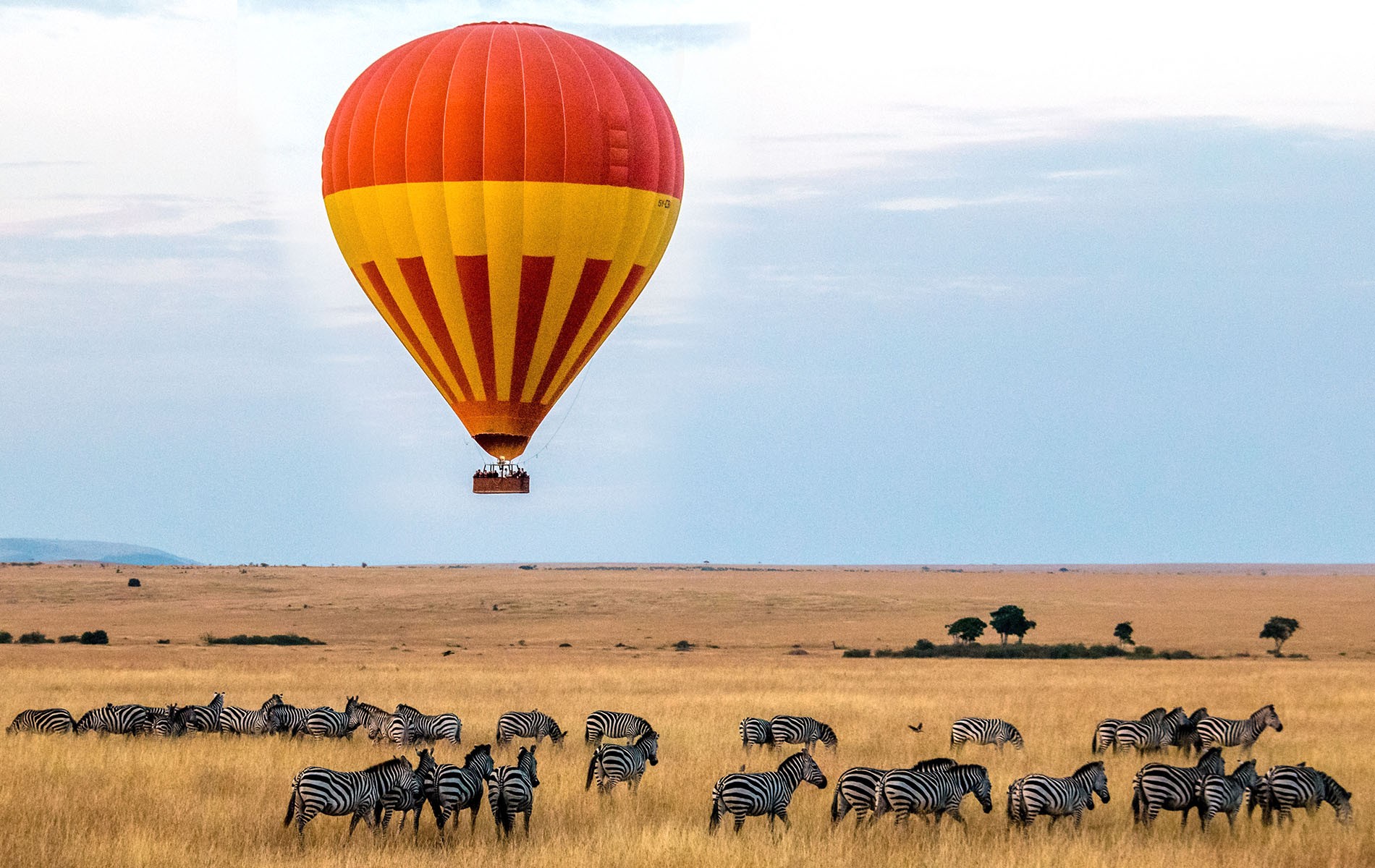A hot air balloon over the Maasai Mara plains at sunrise