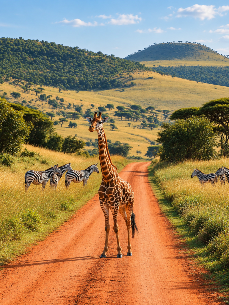 Zebra and a giraffe crossing a dirt track through the savannah