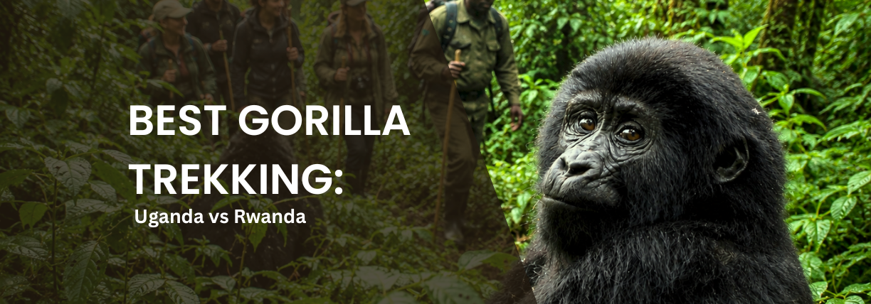 Close-up of a young mountain gorilla in a lush rainforest with trekkers and guides hiking through the forest, comparing gorilla trekking in Uganda vs Rwanda