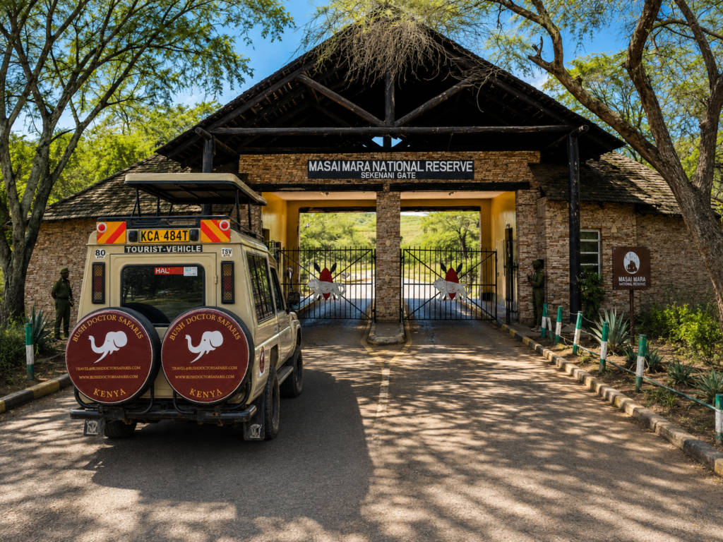 Bush Doctor Safaris vehicle at Sekenani Gate entrance to Masai Mara National Reserve in Kenya