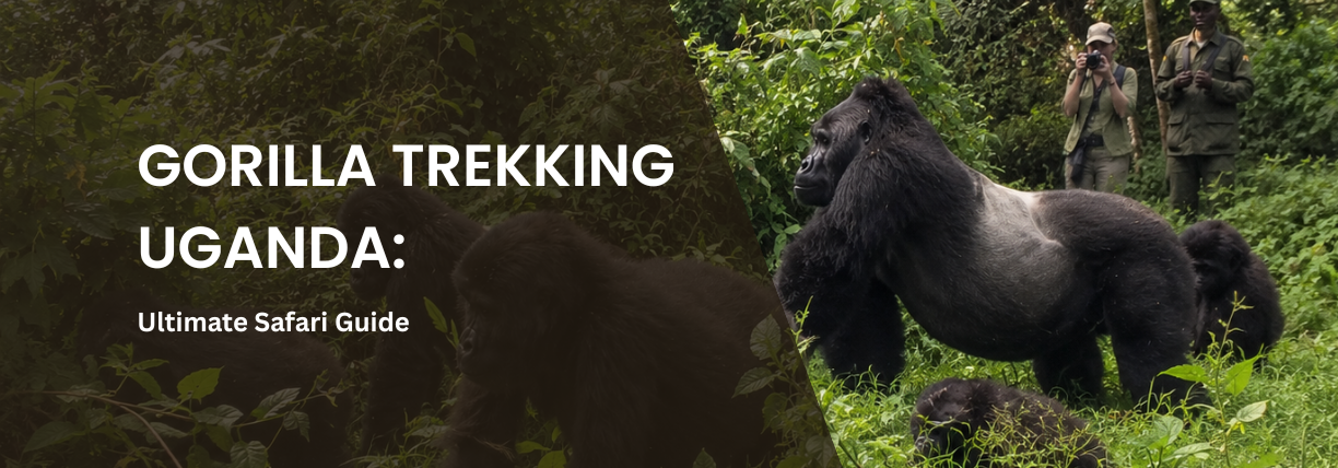 Silverback mountain gorilla standing in Uganda's rainforest while tourists and a ranger observe from a safe distance during a guided gorilla trekking safari.
