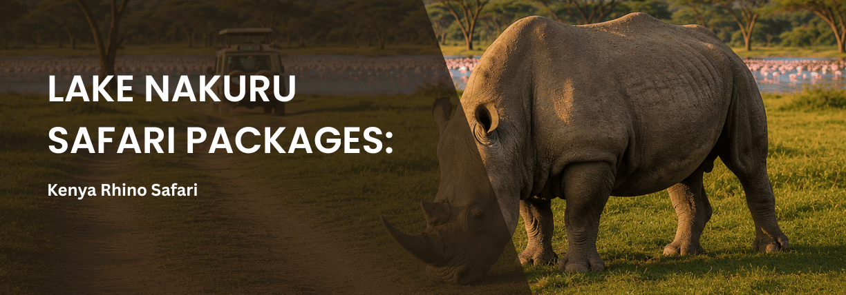 Rhino grazing in Lake Nakuru National Park with a safari vehicle in the distance, featured on a Lake Nakuru Safari Packages: Kenya Rhino Safari banner.