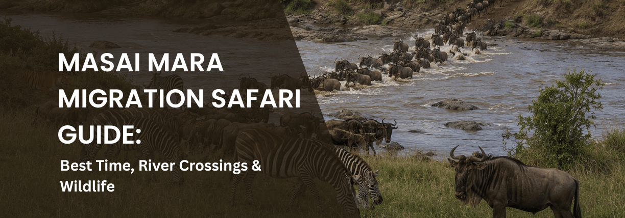 Wildebeest and zebras crossing the Mara River during the Great Migration in Kenya’s Masai Mara, with vast savanna grasslands and dramatic safari scenery in the background.