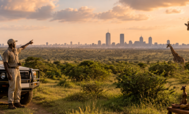 Nairobi city tour with a safari Land Cruiser, giraffes, local crafts and the Nairobi skyline at sunset.