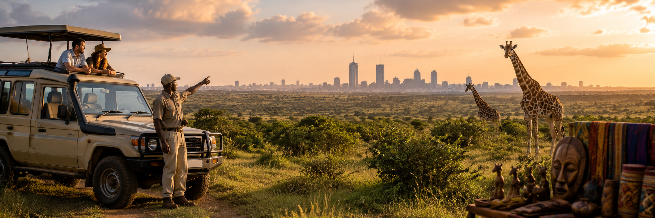 Nairobi city tour with a safari Land Cruiser, giraffes, local crafts and the Nairobi skyline at sunset.
