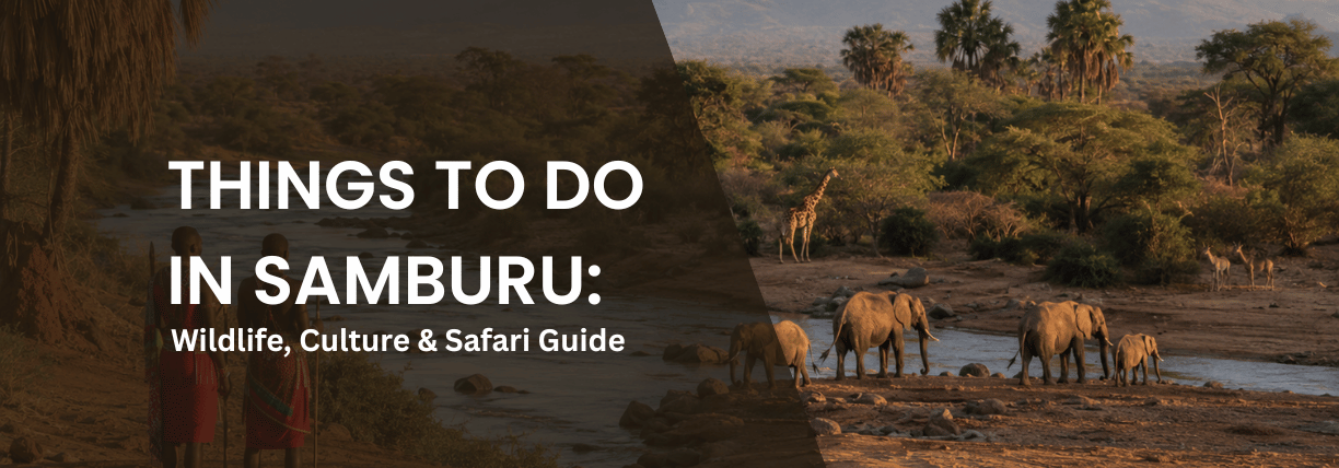 Things to Do in Samburu guide featuring elephants, a giraffe, the Ewaso Nyiro River, and two Samburu people.